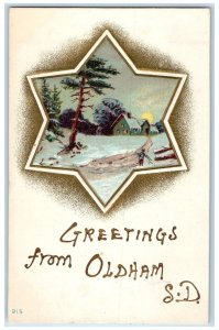 c1910's Greetings From Oldham South Dakota Unposted Moon Houses Trees Postcard