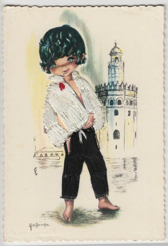 Spanish Embroidered Postcard- Cute Barefoot Boy, Appliqué Stitching, Unposted