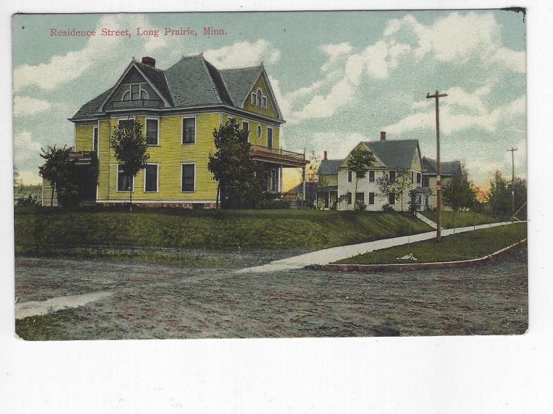 LONG PRAIRIE MN c. 1915 USED POSTCARD RESIDENCE STREET LARGE HOMES/MANSIONS