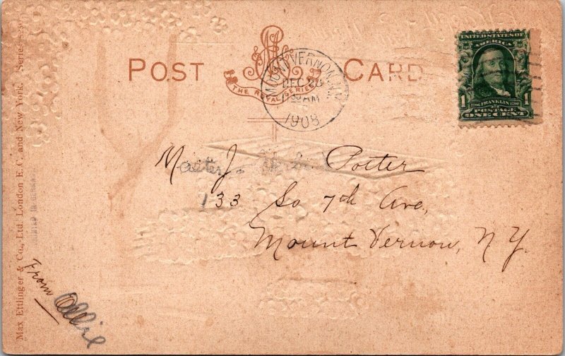 New Year 1908 Postcard Cigar Box Purple Flowers Embossed JB4