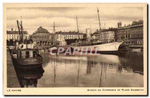 Old Postcard The harbor Basin Du Commerce and Place Gambetta Boat Honfleur