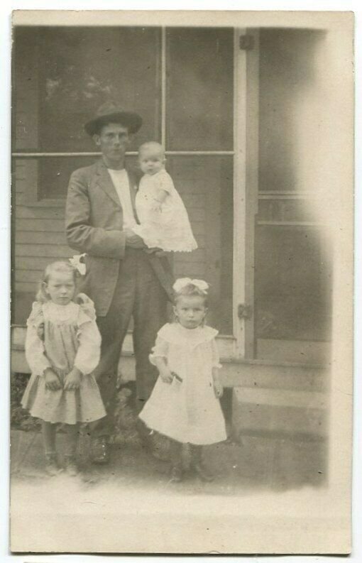 012013 RPPC Real Photo Postcard Father and Children by Porch circa 1910