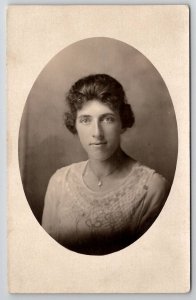 RPPC Pretty Young Woman Sweet Smile Oval Portrait Postcard P29