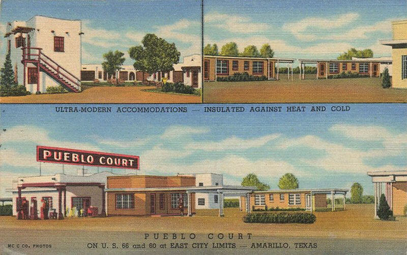 Amarillo TX Pueblo Court Gas Station Motel Multi-View Linen Postcard