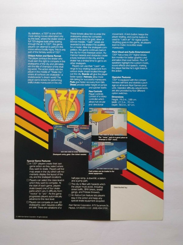 Atari 720 Arcade FLYER Original Retro Video Game 1986 Skateboard Art Print Sheet