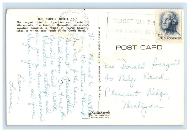 Vintage Cutis Hotel Minneapolis. Postcard P60E