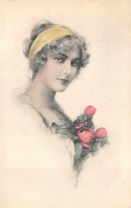 BEAUTIFUL WOMAN ROSES GLAMOUR HAND COLORED SCHLESINGER BROS POSTCARD (1911) ##