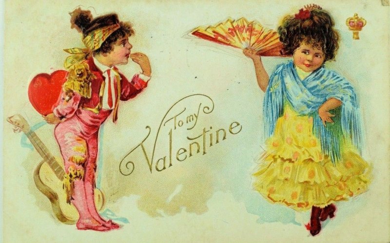 C.1910 Embossed Valentine's Postcard Cute Spanish Children Matador & Dancer P77