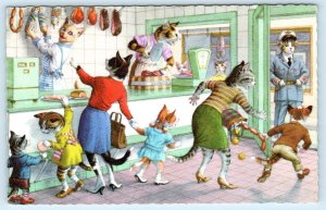 Mainzer Dressed CATS BUTCHER SHOP Kittens Cop ~ Anthropomorphic #4978 Postcard
