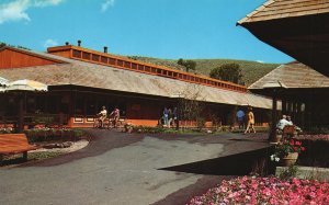 Vintage Postcard Boardwalk Shopping Mall Flower Display Bench Sun Valley Idaho