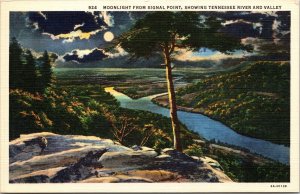 Moonlight From Signal Point Tennessee River Valley Night View Linen Postcard VTG 
