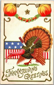 Thanksgiving Greetings, Pumpkins Turkey Patriotic Vintage Postcard F53