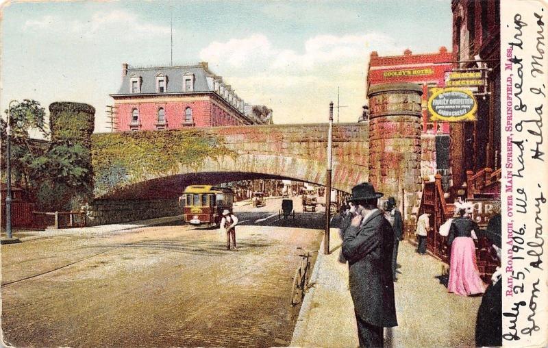 Springfield MA~Trolley Under Railroad Arch~Cooley's Hotel~Family Outfitters~1906 