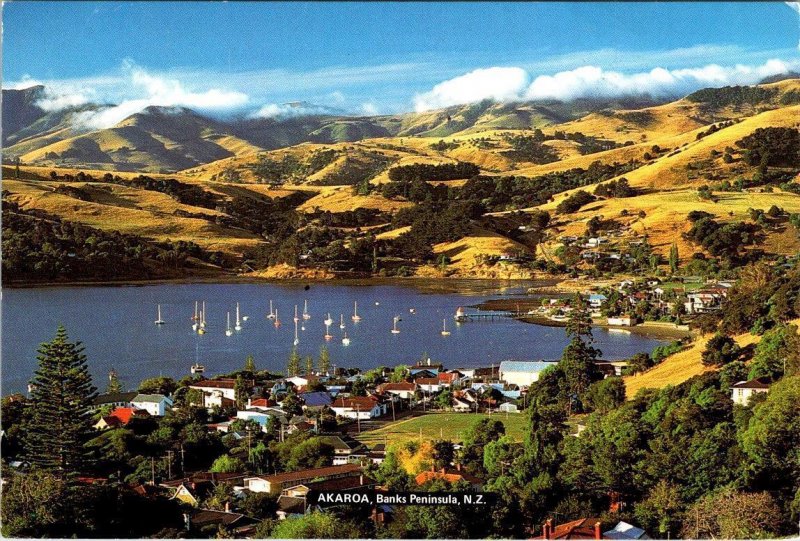 2~4X6 Postcards  Akaroa, New Zealand  HARBOUR~HOMES~SAILBOATS & AERIAL VIEW