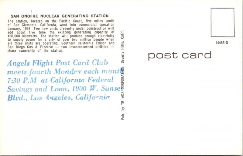 CA, California  SAN ONOFRE NUCLEAR GENERATING~POWER PLANT  ca1970's Postcard