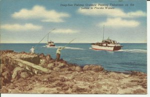 Deep Sea Fishing Cruisers Passing Fishermen on the Jetties In the Florida Waters