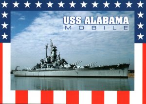 VINTAGE CONTINENTAL SIZE POSTCARD USS ALABAMA BATTLESHIP PARKWAY MOBILE ALABAMA