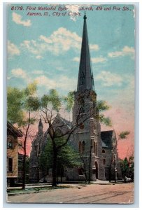 Aurora Illinois Postcard First Methodist Episcopal Church Fox City Lights c1911