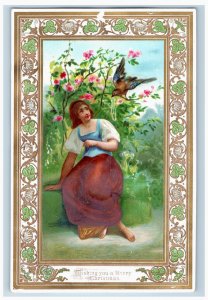 1880s-90s Victorian Christmas Card Peasant Girl & Bird *C