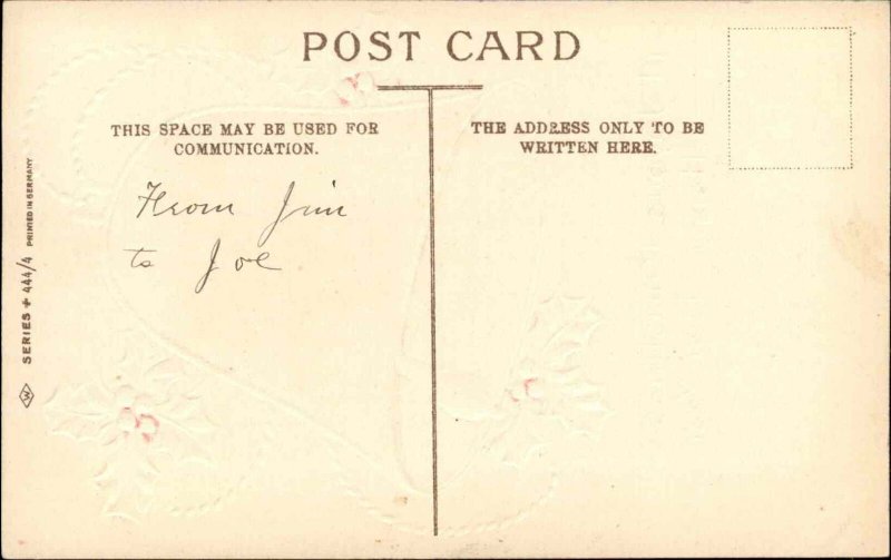 Christmas Man on Horse Bell Border Embossed c1910 Vintage Postcard