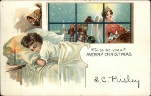 Christmas Child Sleeping Angel Toy Riding Horse c1910 Vintage Postcard