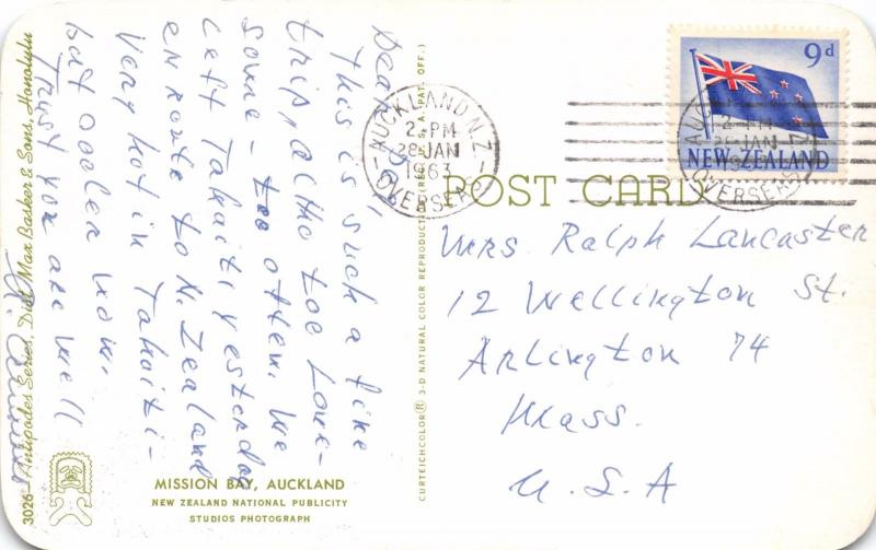 MISSION BAY AUCKLAND NEW ZEALAND POSTCARD c1963