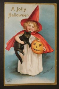 1909 Little Girl Dressed as Witch Halloween Postcard to and from Columbus, OH