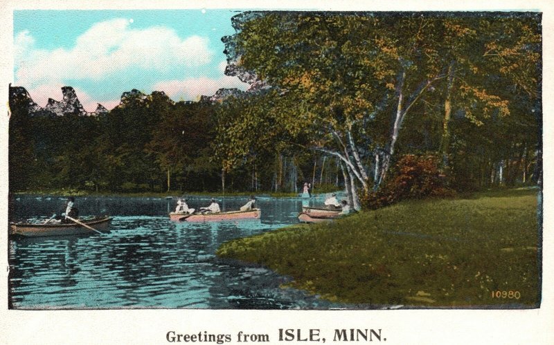 Vintage Postcard Greetings From Isle Minnesota Lake Boating Forest Beauty