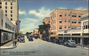 Fort Lauderdale Florida FL Andrews Ave Street Scene Linen Vintage Postcard