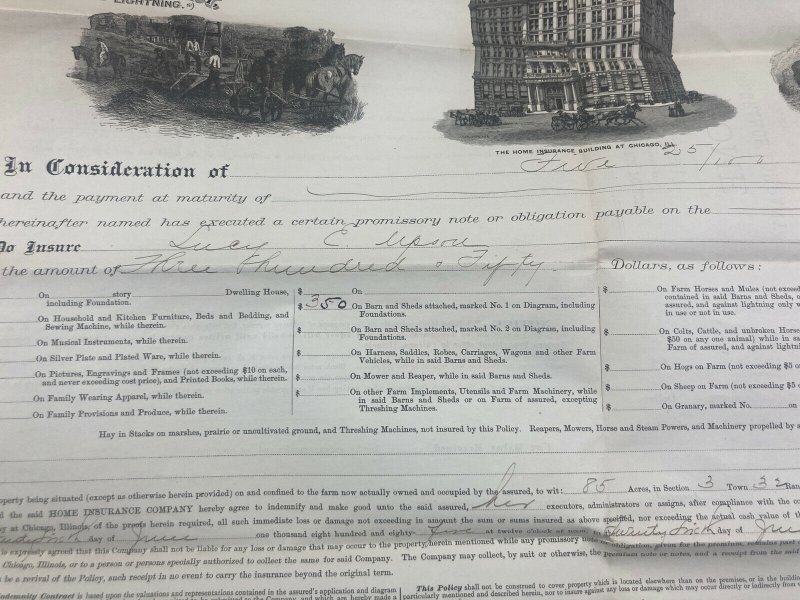 Antique 1885 Home Insurance Company of New York Warsaw Indiana Contract