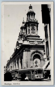 Santiago Chile Postcard Cathedral and Trolley Car 1938 Vintage RPPC Photo