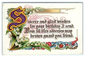 ARTS & CRAFTS Style BIRTHDAY Greeting c1910s SINCERE WISHES Embossed Postcard