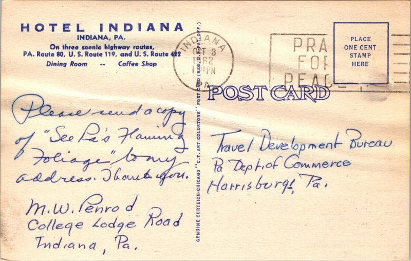 Linen Postcard Hotel Indiana in Indiana, Pennsylvania