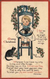 Ernest Nister Signed De Wees Little Girl High Chair Kitten c1910 Postcard