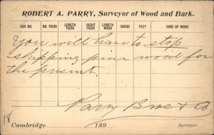 Cambridge MA Robert Parry Surveyor of Wood & Bark Postal card 1890s