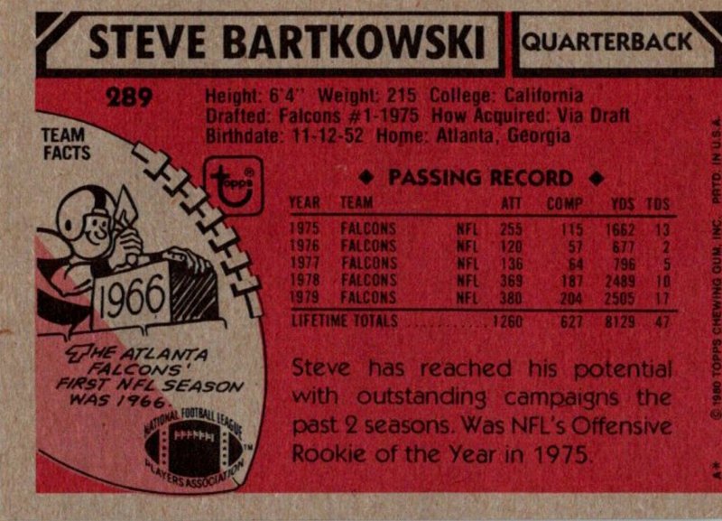 1980 Topps Football Card Steve Bartkowski QB Atlanta Falcons sun0172