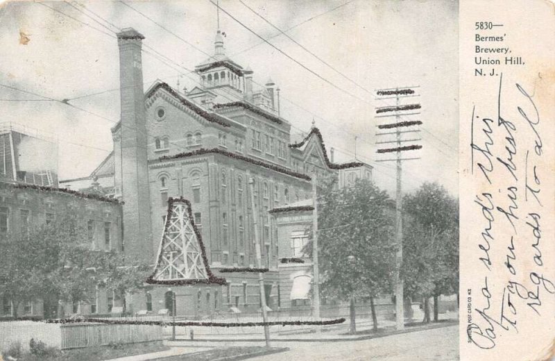 Union Hill New Jersey Bermes Brewery Glitter Vintage Postcard AA86160