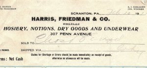 1912 HARRIS FRIEDMAN & CO SCRANTON PA HOSIERY NOTIONS BILLHEAD INVOICE Z2288