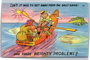 Postcard Comic fat woman and family Get away  Daily Grind and Weighty Problems