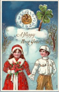 Postcard New Year Otto Schloss Boy Girl Holding Hands Under Clock Shamrock