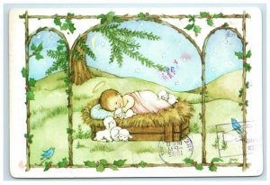 1982 Hallmark Vintage Christmas Postcard Baby Jesus Angel Sleeping Lambs Manger