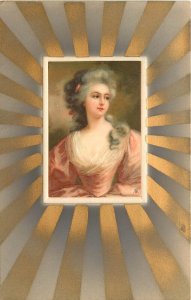 Postcard; Lovely Lady in Powdered Wig, Gilded Sunburst Vignette, Meissner & Buch