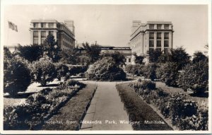 RPPC Real Photo MB Winnipeg The General Hospital from Alexandria Park 1940s K18