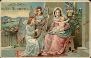 Christmas Bozego Narodzenia Angels Harp Lute Baby Jesus Mary c1910 Gel PC