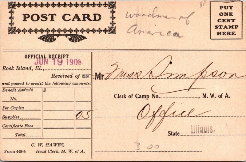 1908 Head Offices MWA Rock Island Illinois Trolley roadside Postcard J11