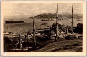 Istanbul Turkey Liman Castle Boats and Ships Real Photo RPPC Postcard