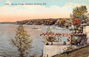 MADISON WISCONSIN~SHORES OF LAKE MENDOTA-STEAMER SHIP TO DOCK POSTCARD 1913