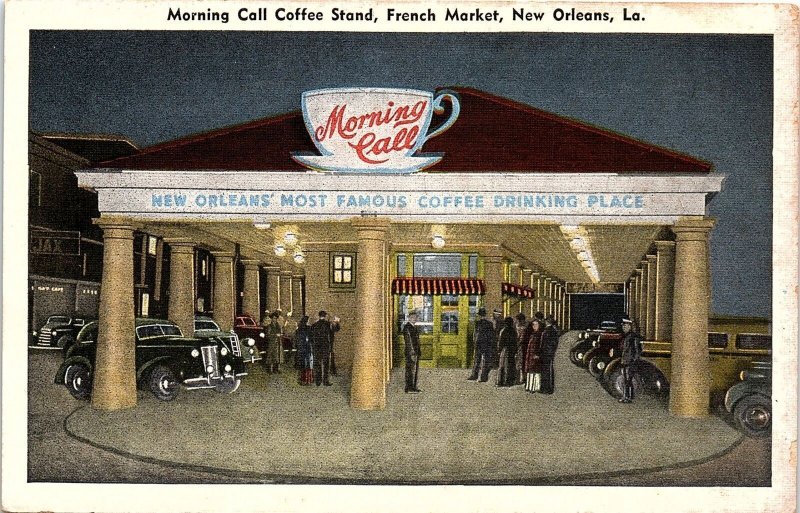 c1935 NEW ORLEANS MORNING CALL COFFEE STAND FRENCH MARKET LINEN POSTCARD 39-210