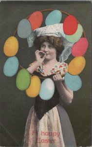 Fantasy Postcard A Happy Easter Woman Holding Giant Egg Hoop