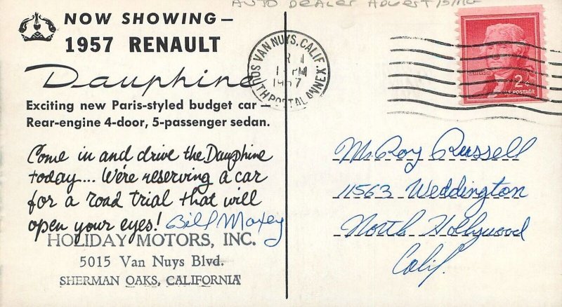 Postcard 1957 Renault Dealer advertising California Sherman Oaks 22-12596 
